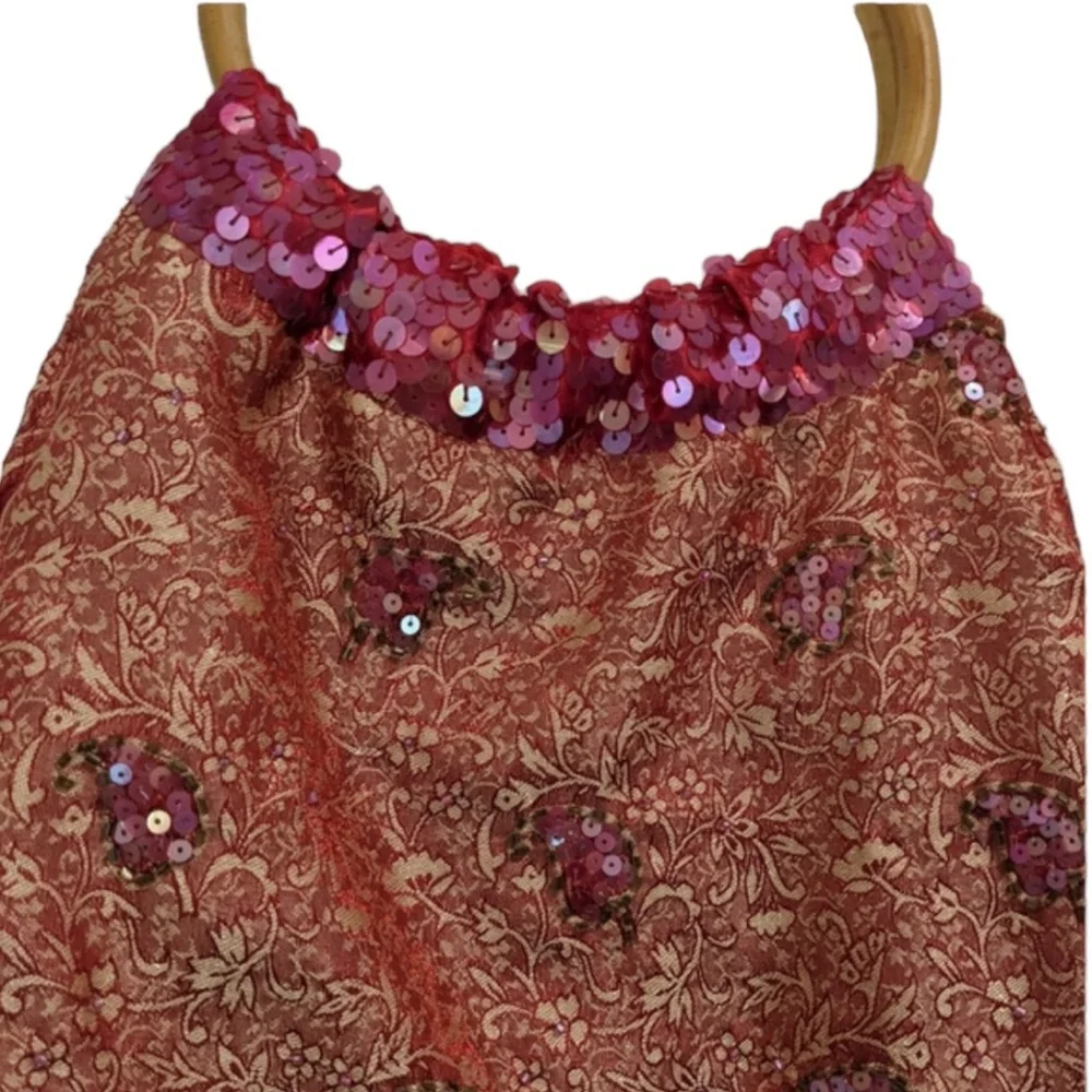 Embroidered & Beaded Fringe Evening Bag With Bamboo Handle